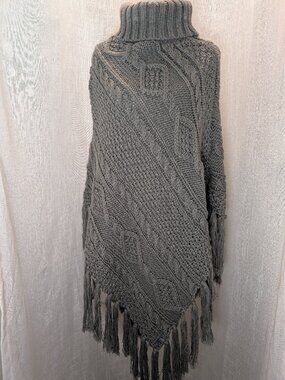 2 Chic Cable Knit Fringe Poncho Turtleneck Sweater Boho Gray One Size